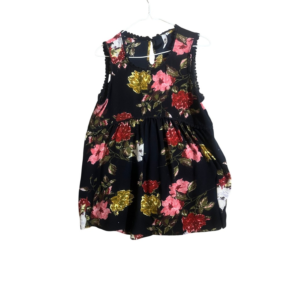 Tyche Black Floral Sleeveless Babydoll Top Crochet Trim Small B2059